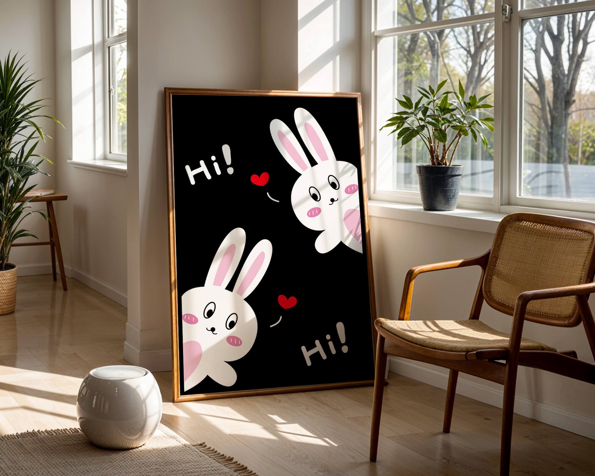 Charming bunny illustration with hearts on black background