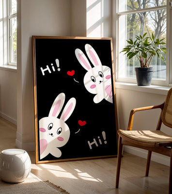 Charming bunny illustration with hearts on black background