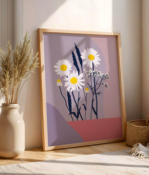 Zarte weiße Gänseblümchen mit gelben Zentren auf modernem Pastell-Hintergrund