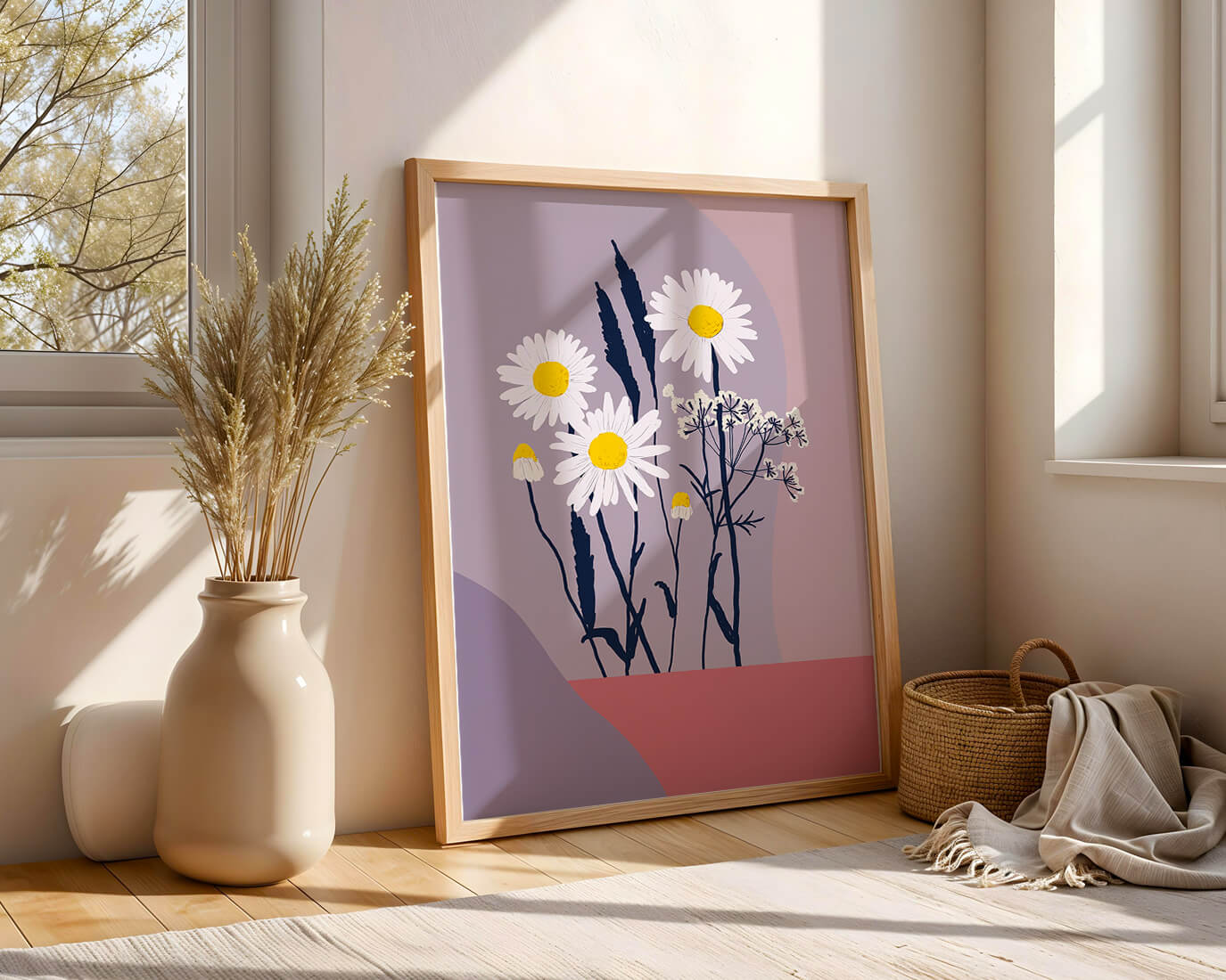 Zarte weiße Gänseblümchen mit gelben Zentren auf modernem Pastell-Hintergrund