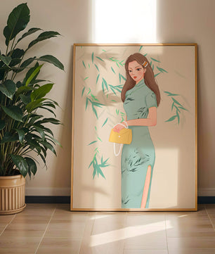 Elegant Woman in Traditional Dress Holding a Yellow Clutch with Bamboo Background