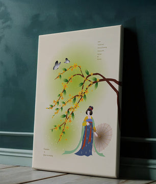 Traditional Chinese painting featuring a woman with flowers and butterflies