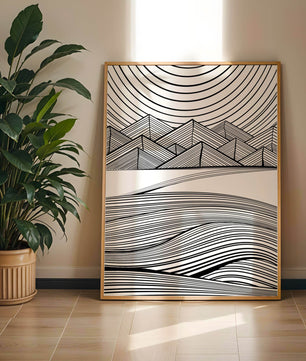 Abstract Black and White Geometric Landscape with Line Art