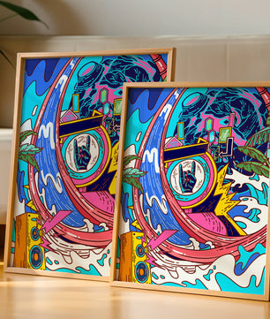 Vibrant abstract art with waves and neon elements