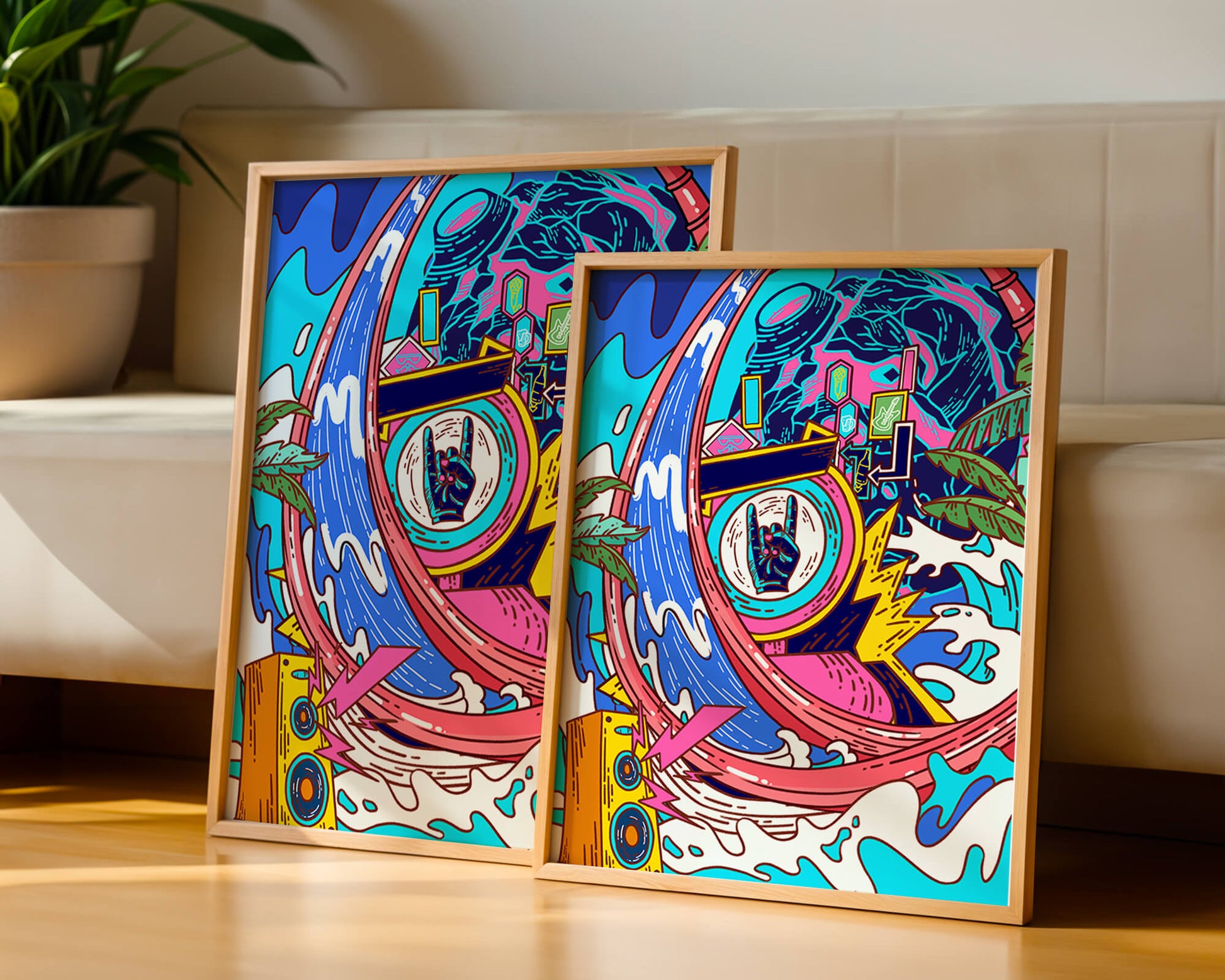 Vibrant abstract art with waves and neon elements