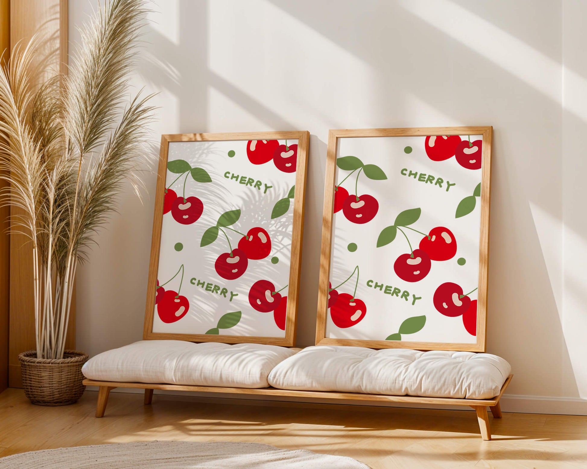Cherry pattern on black background with green leaves