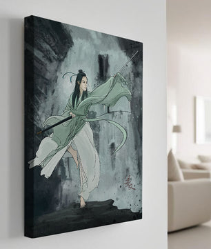 Dynamic illustration of a warrior in flowing robes with a spear