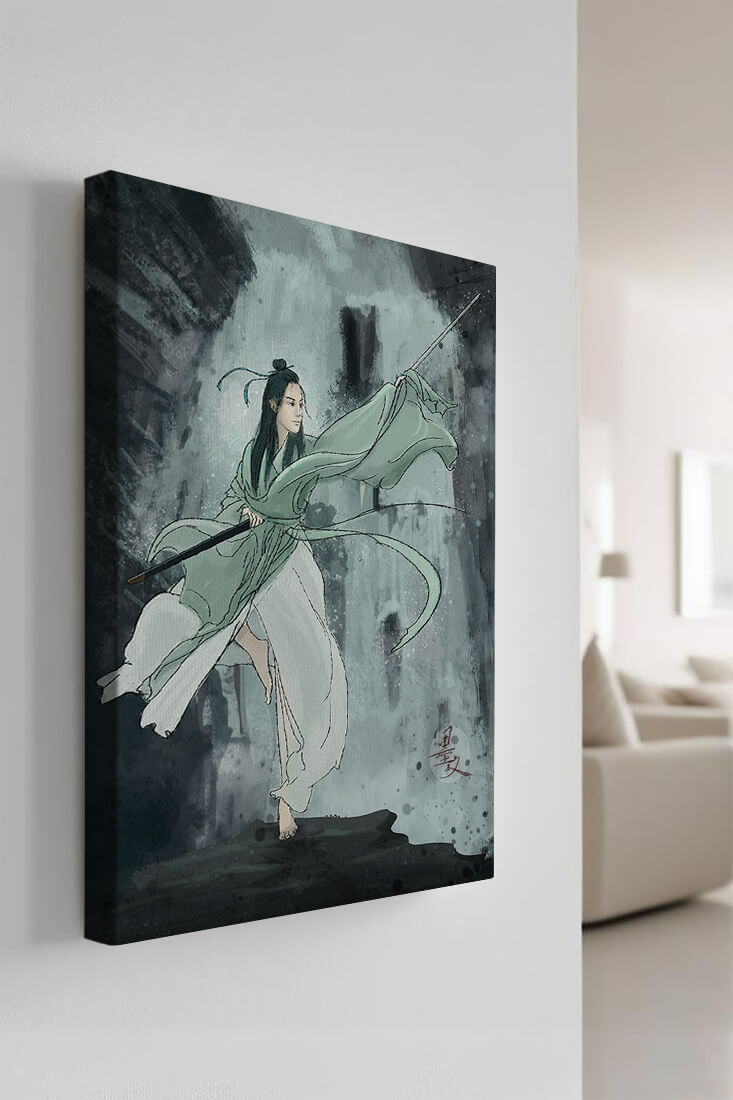 Dynamic illustration of a warrior in flowing robes with a spear