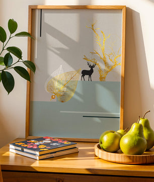 Abstract Deer with Golden Elements and Leaves on Minimalist Background