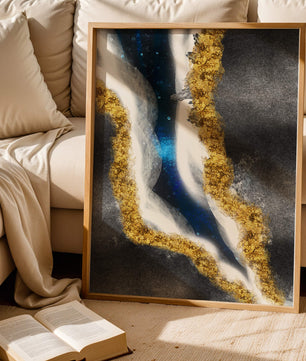 Abstract flowing design with gold, blue, and white textures