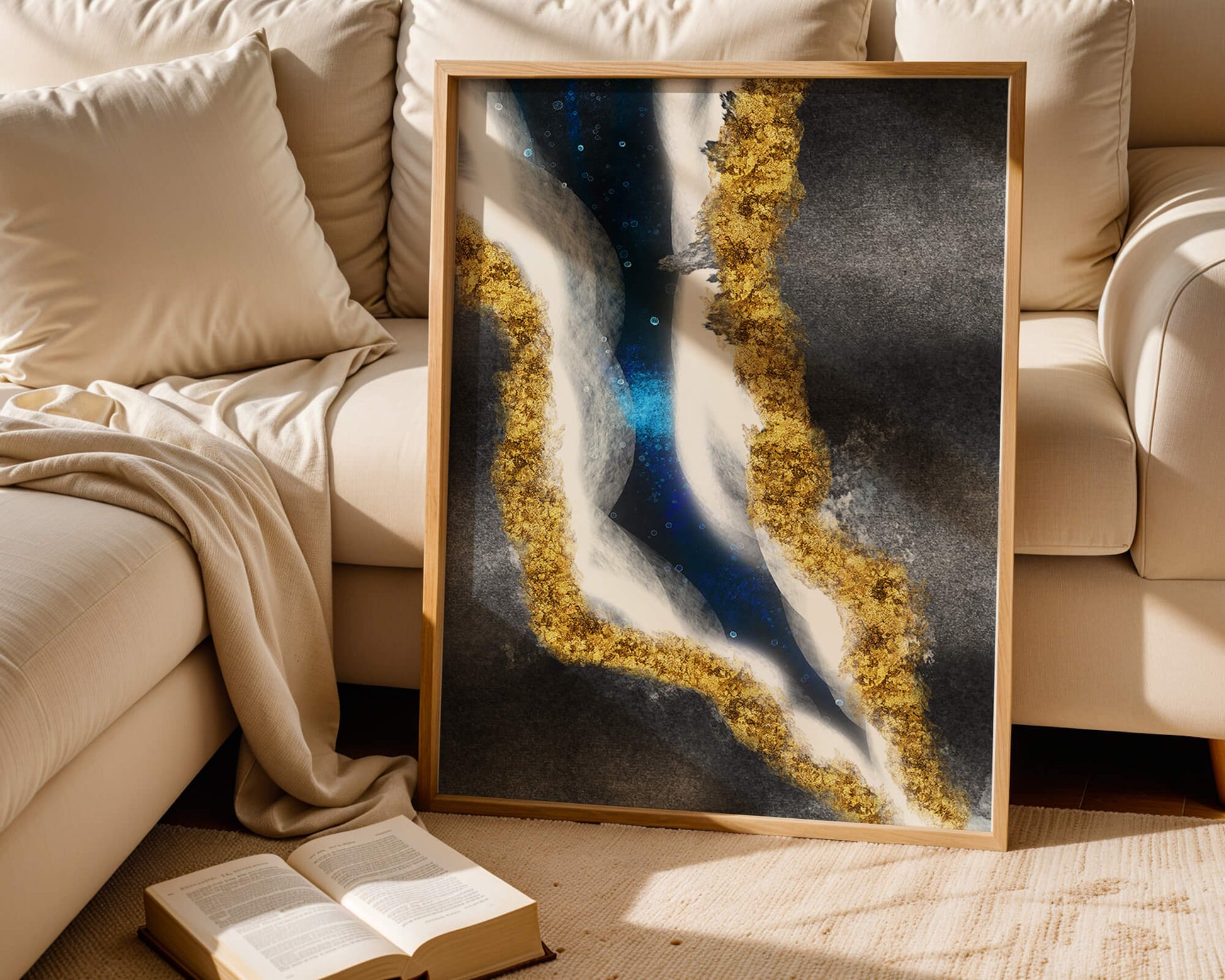 Abstract flowing design with gold, blue, and white textures