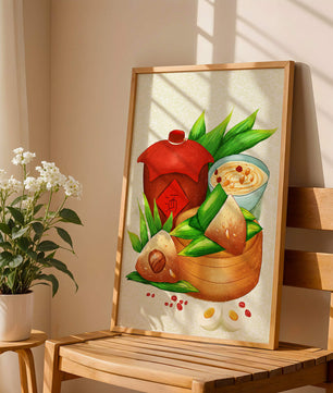 Illustrated traditional Chinese food with zongzi and rice wine