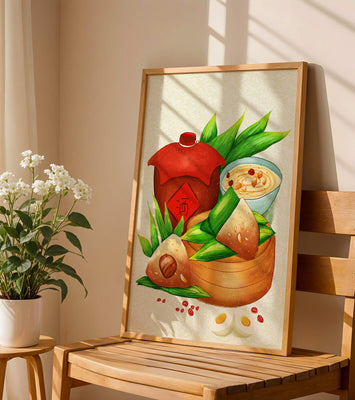 Illustrated traditional Chinese food with zongzi and rice wine
