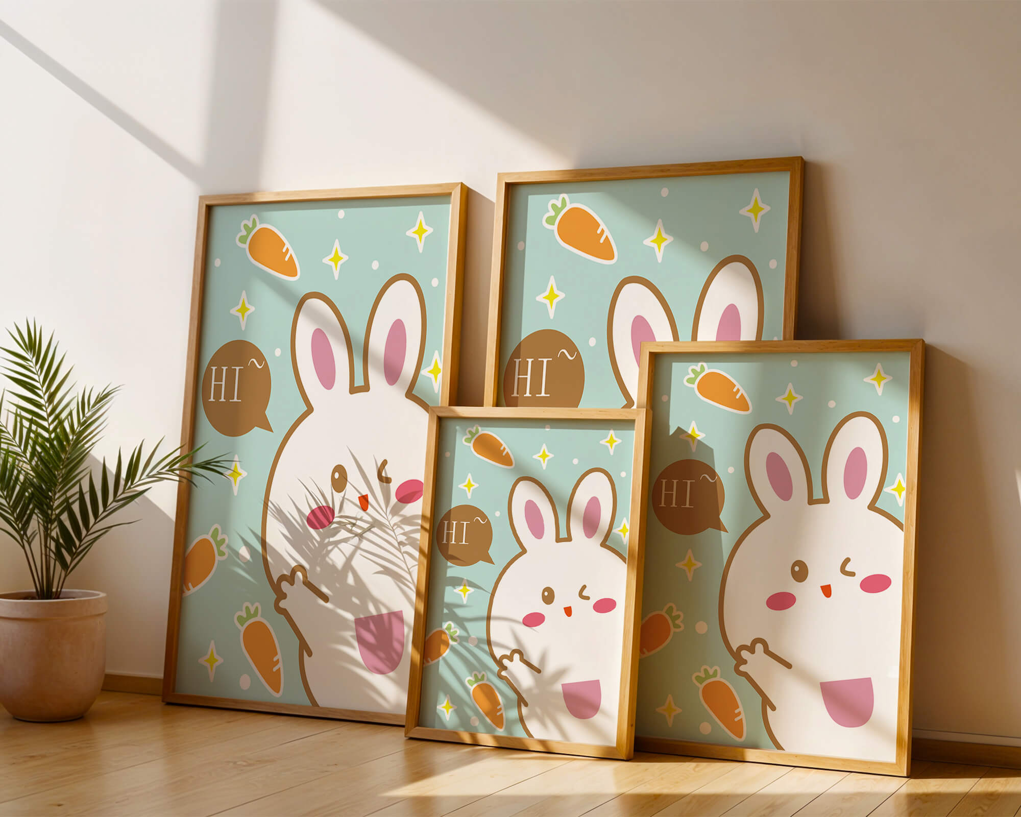Playful cartoon bunny with carrots and stars on teal background
