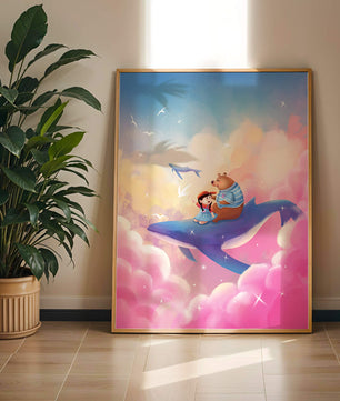 Fantasy illustration of girl and bear riding a whale through colorful clouds