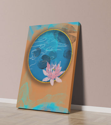 Abstract water lily art with gold accents on blue and orange background