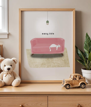 Minimalist Interior with Pink Sofa and Relaxed White Cat