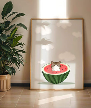 Whimsical art of a kitten in watermelon with clouds