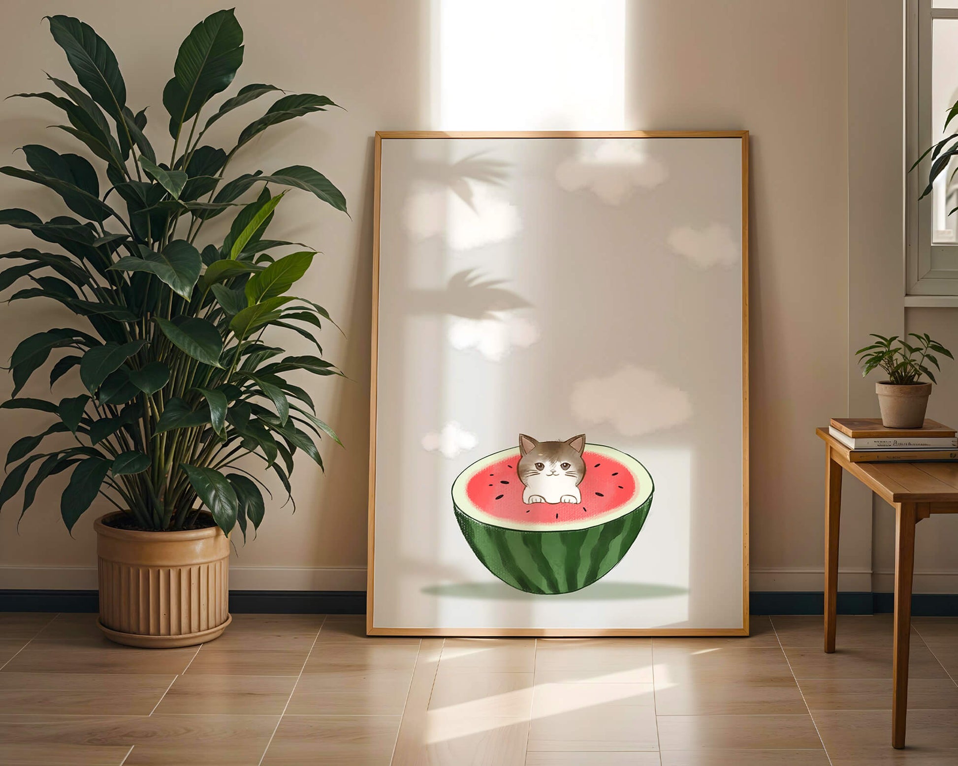 Whimsical art of a kitten in watermelon with clouds