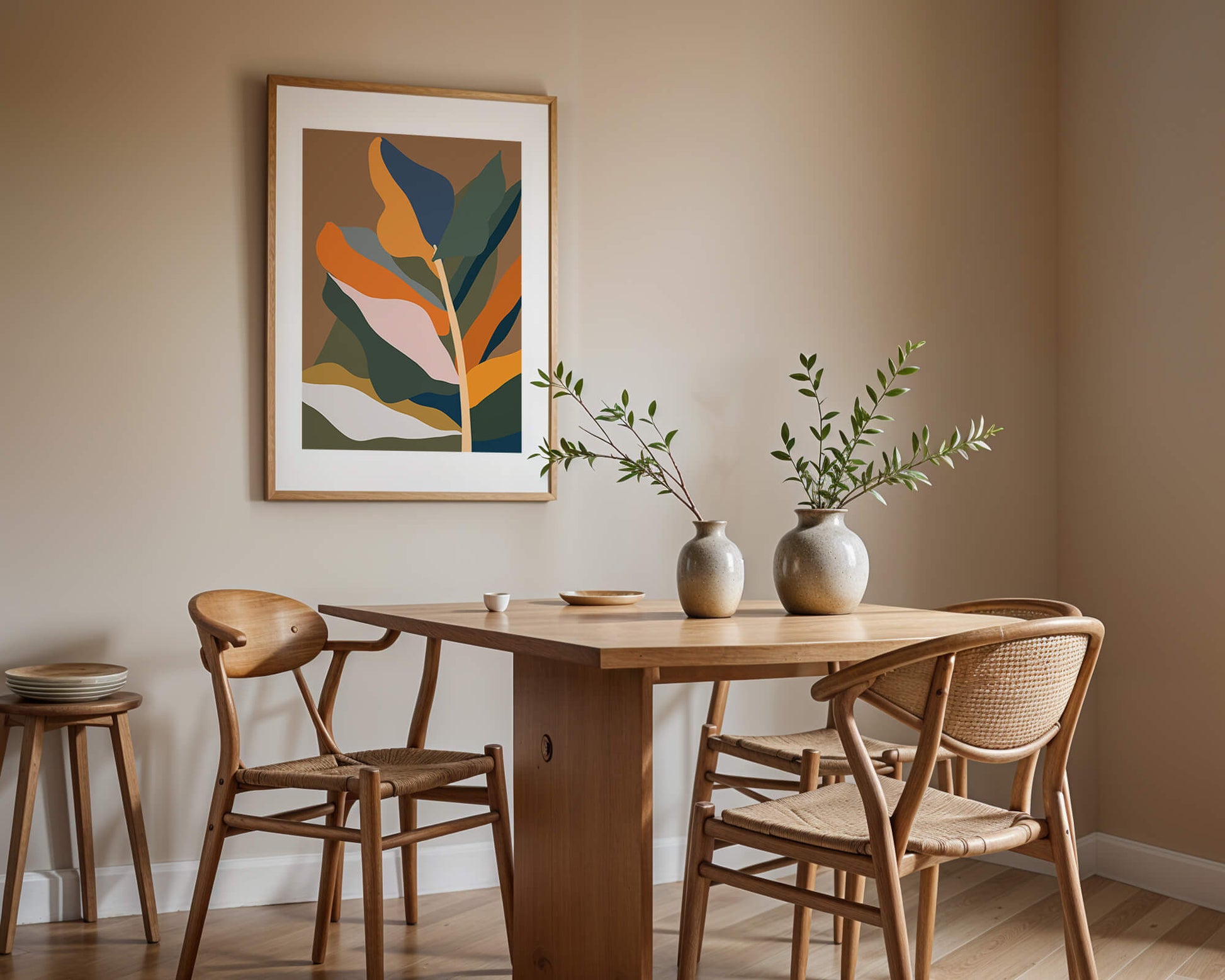 Abstract Botanical Illustration with Earthy Tones and Organic Shapes