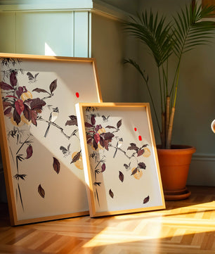 Elegant nature illustration featuring butterflies and birds on a branch