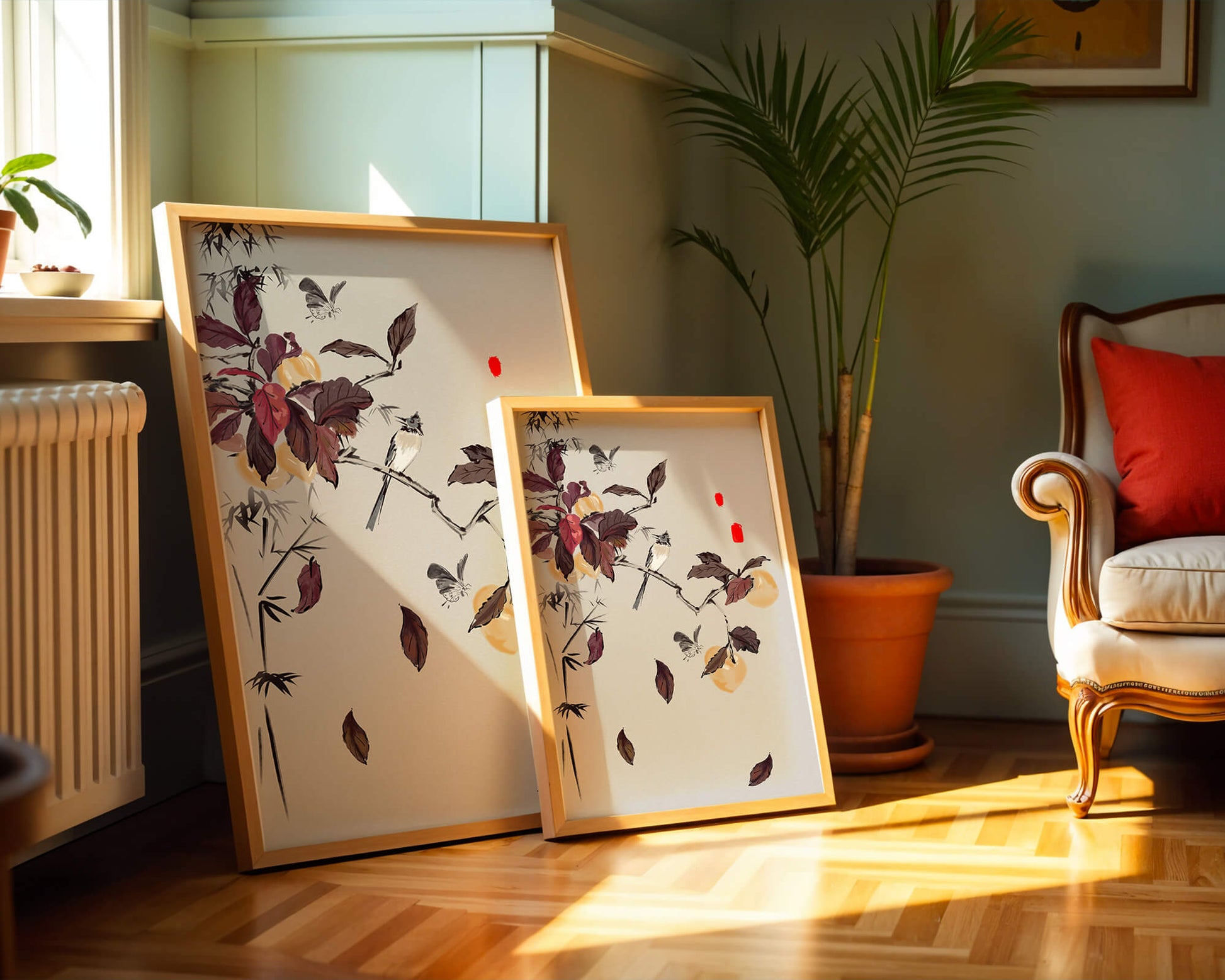Elegant nature illustration featuring butterflies and birds on a branch