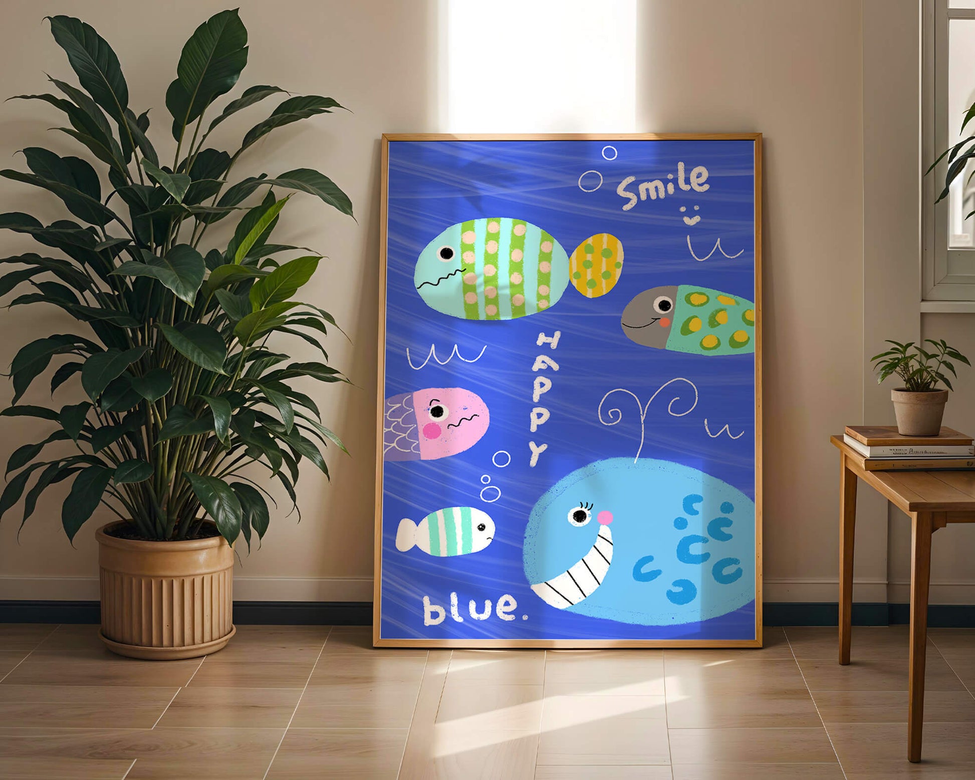 Colorful underwater scene with smiling cartoon fish