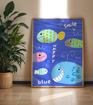 Colorful underwater scene with smiling cartoon fish