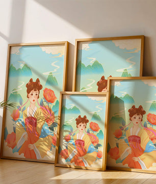 Traditional Asian Art with Woman in Hanfu Surrounded by Mountains and Peonies