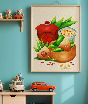 Illustrated traditional Chinese food with zongzi and rice wine