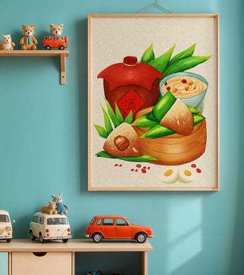 Illustrated traditional Chinese food with zongzi and rice wine