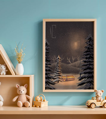 Snowy night scene with cabin and trees