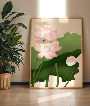 Delicate pink lotus flowers with verdant green leaves