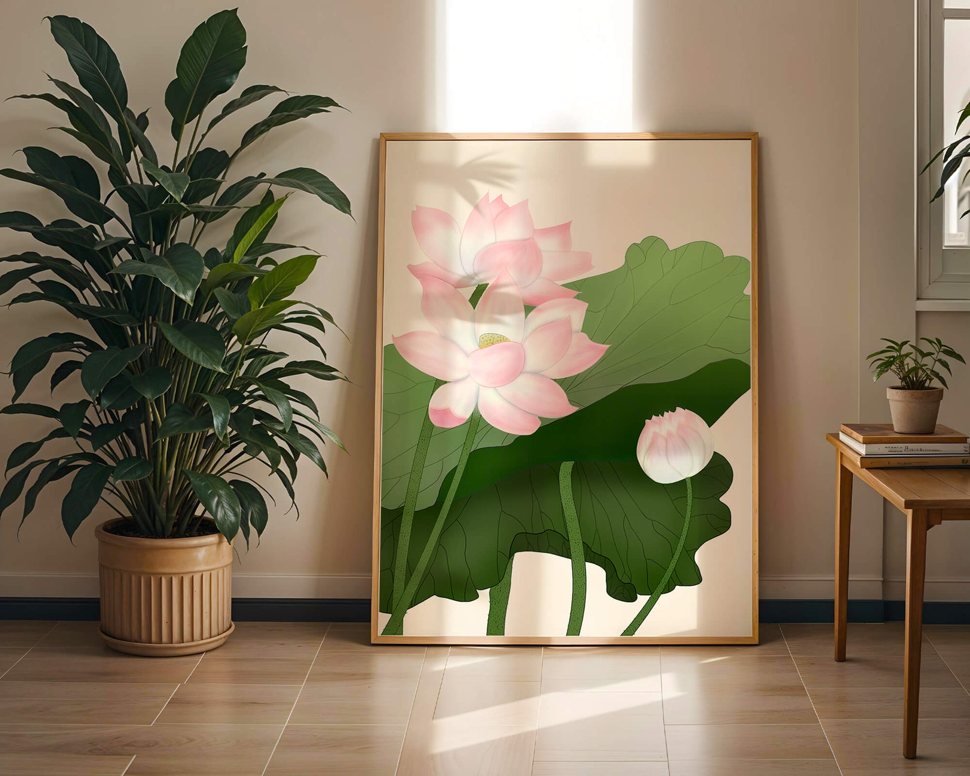 Delicate pink lotus flowers with verdant green leaves