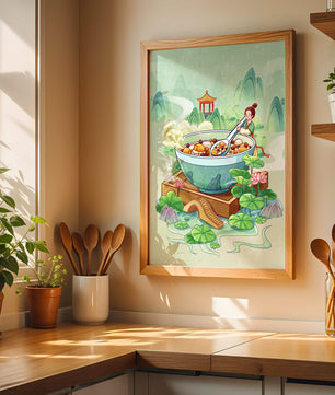 Illustration of a traditional Asian scene with large bowl and serene landscape