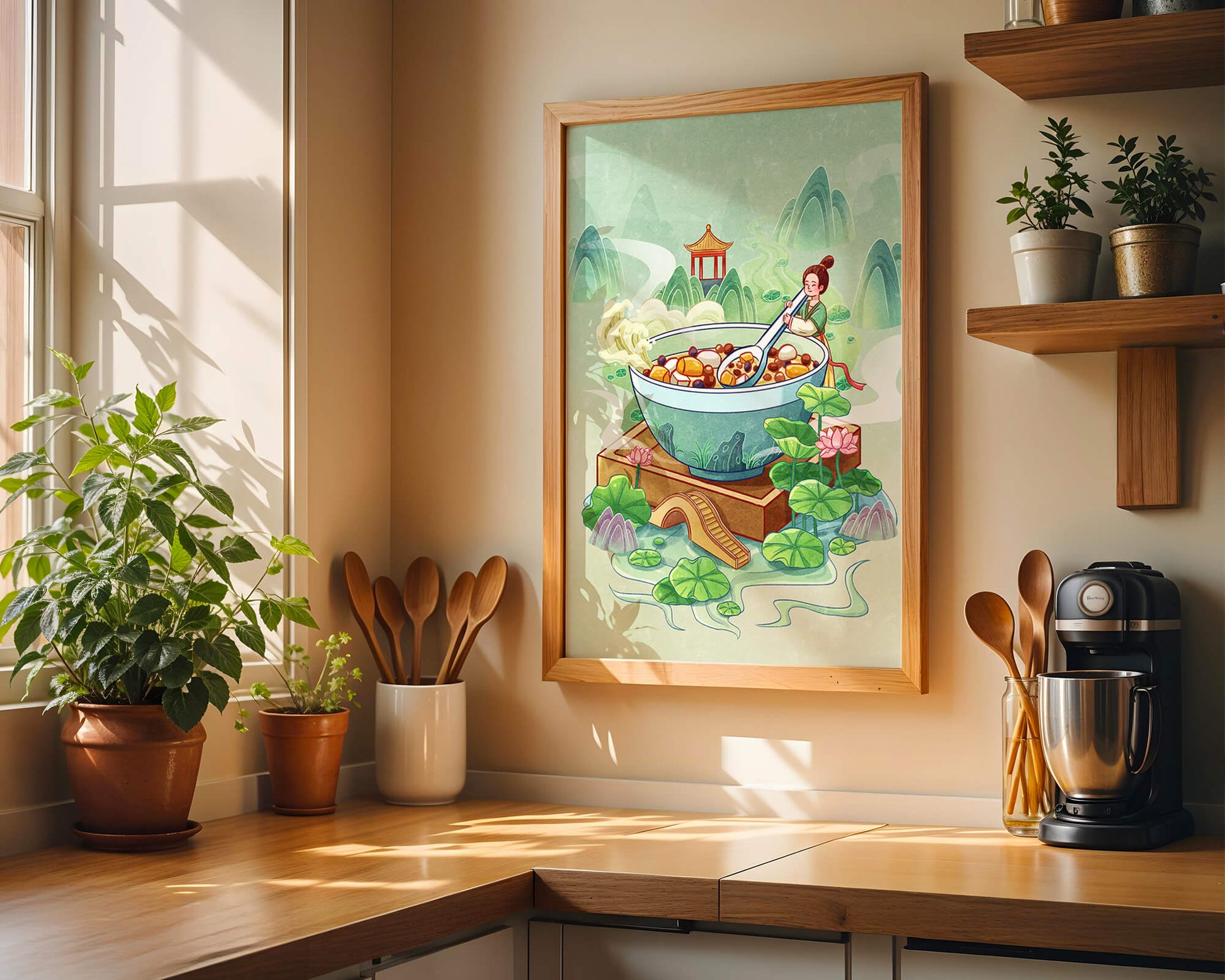 Illustration of a traditional Asian scene with large bowl and serene landscape