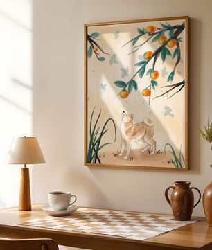 Illustration of a dog gazing at fruit-laden tree branches in nature