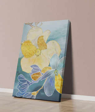 Abstract Floral Art with Golden Accents on Blue Background