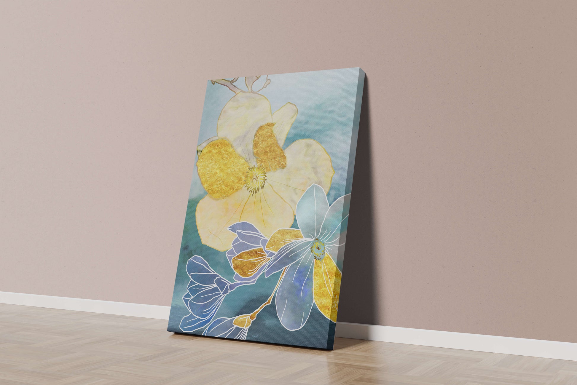 Arte floral abstracto con acentos dorados sobre fondo azul