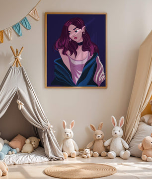 Illustration d'une fille élégante aux cheveux violets et à la veste bleue