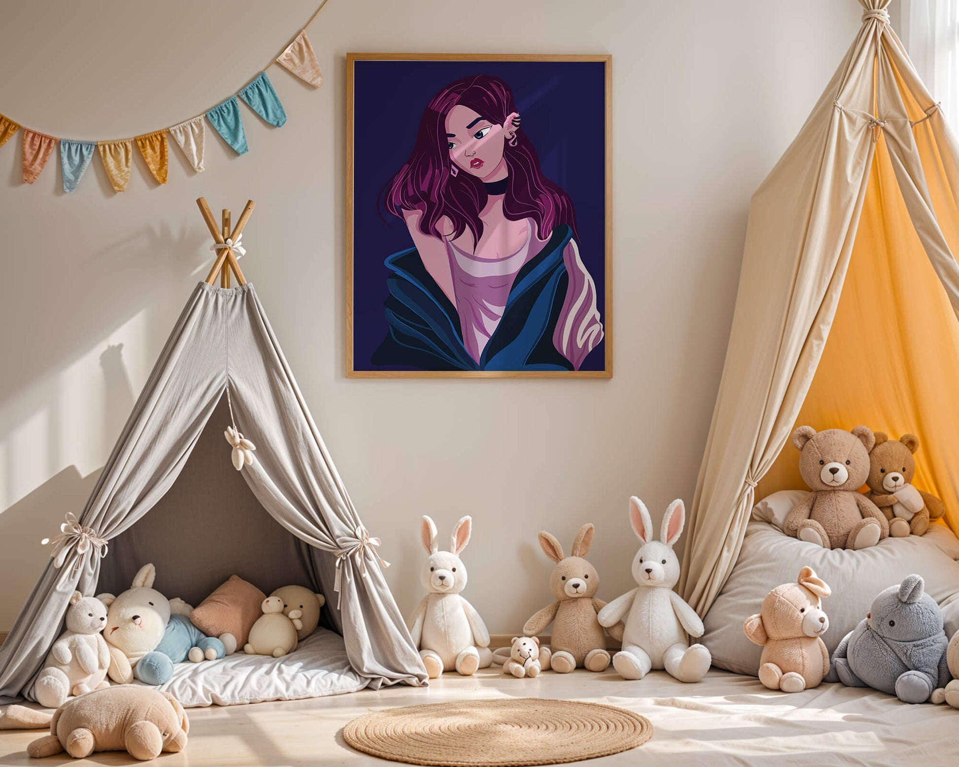 Stylish girl with purple hair and a blue jacket illustration