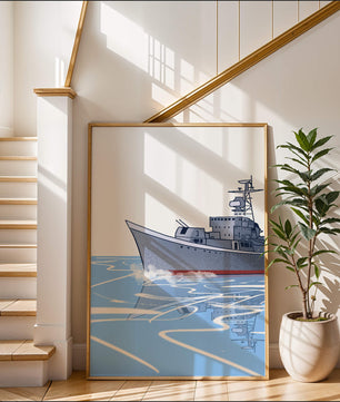Illustrative depiction of a warship sailing on calm waters
