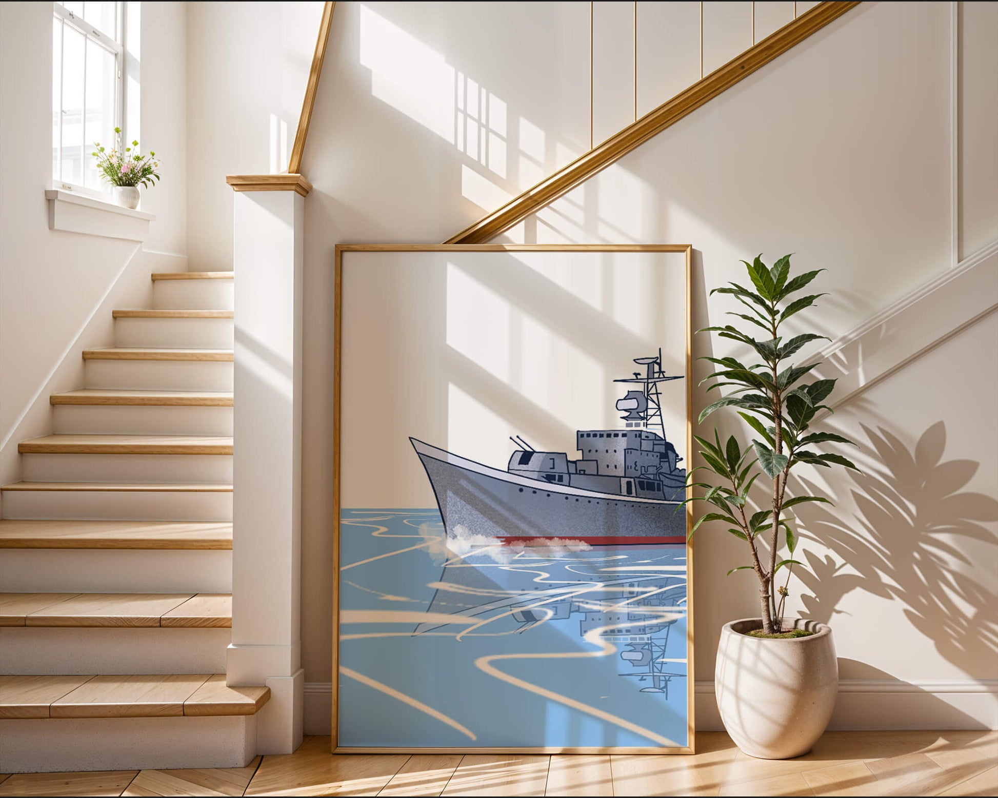 Illustrative depiction of a warship sailing on calm waters