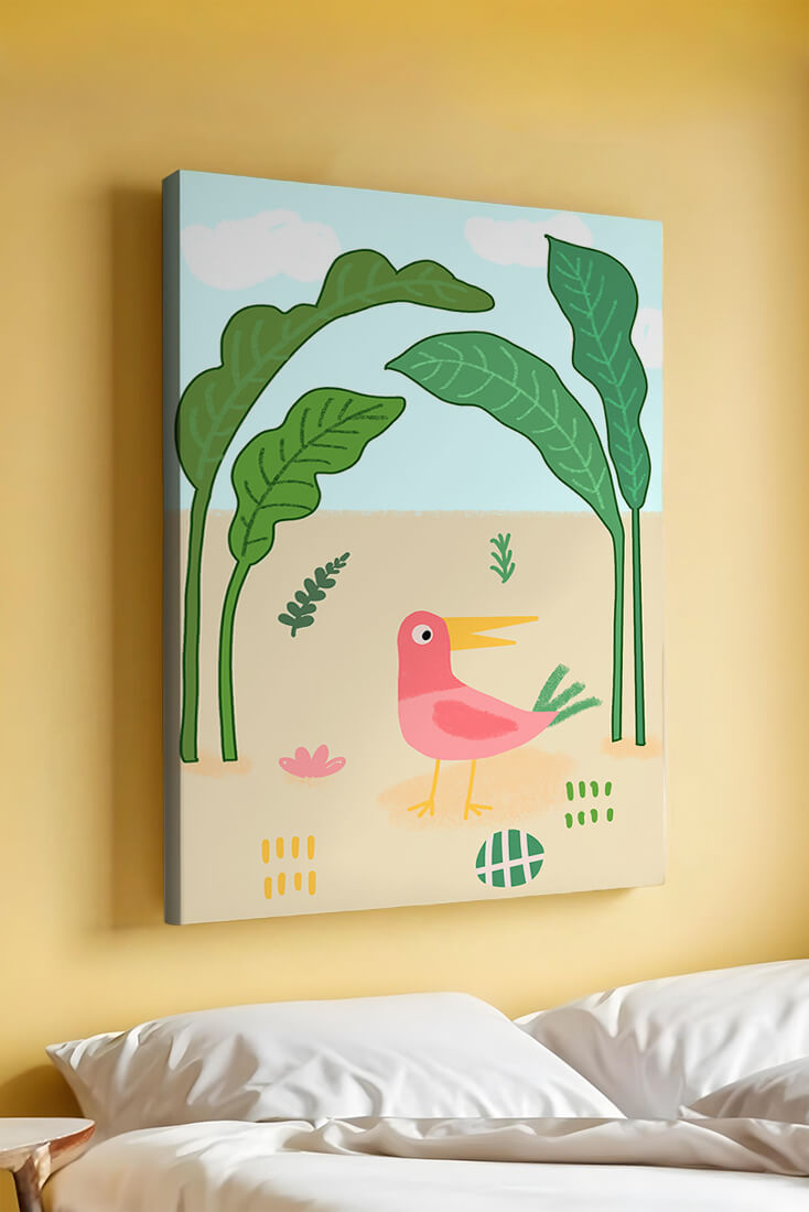 Colorful bird with large leaves and playful design