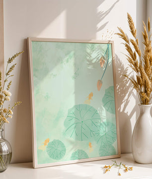 Serene Pond Scene with Goldfish and Lotus Leaves