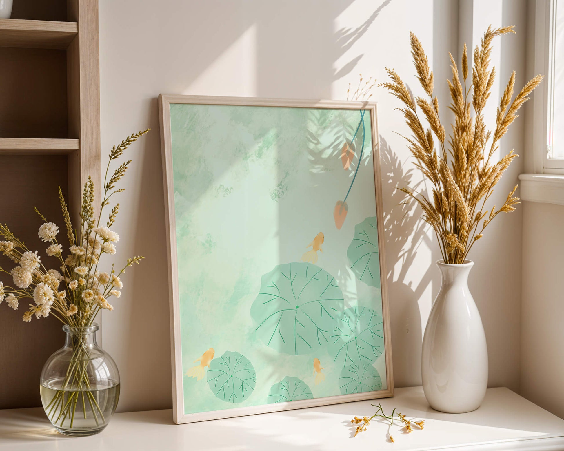 Serene Pond Scene with Goldfish and Lotus Leaves