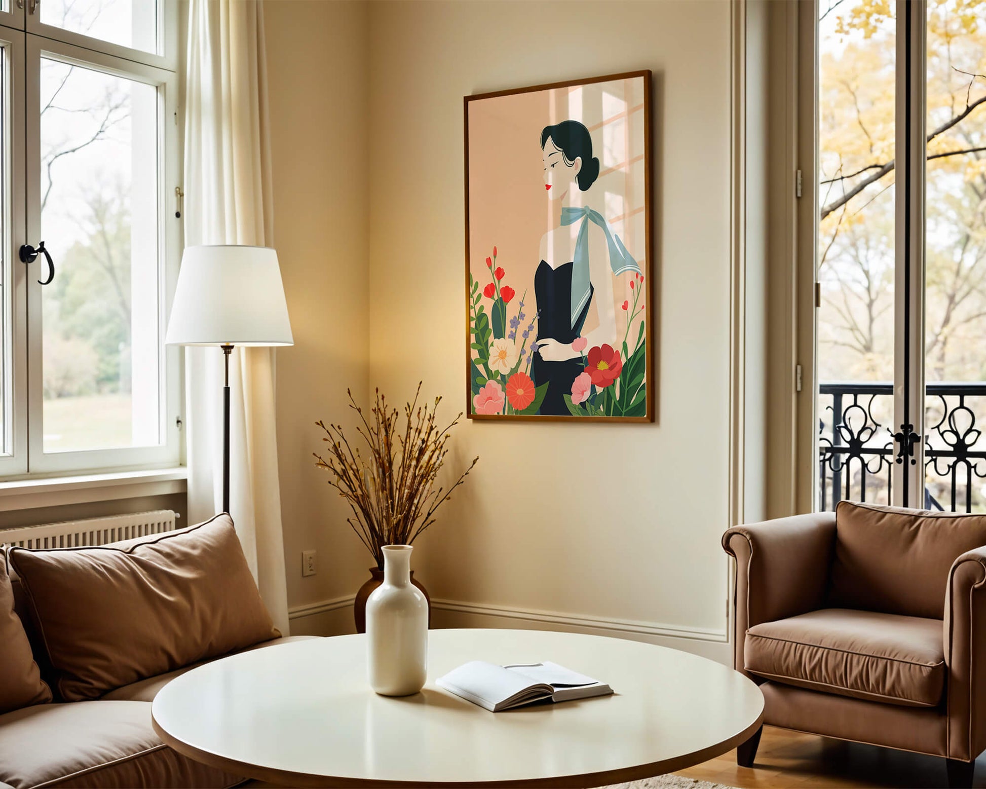 Mujer elegante con fondo floral y bufanda