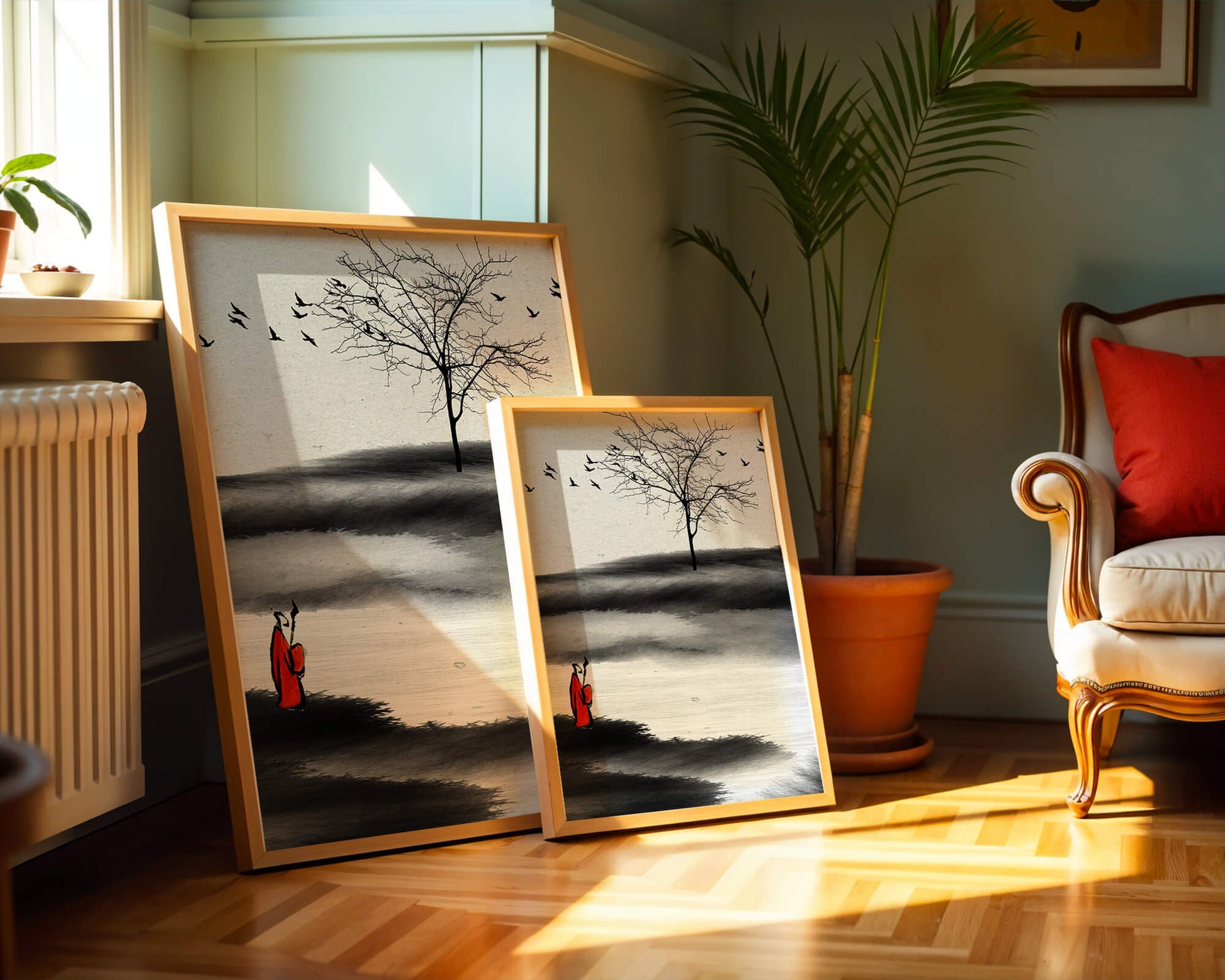 Contemplative Monk with Birds and Bare Tree in Serene Landscape
