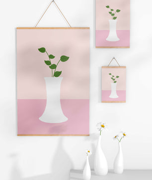 Simple Minimalist Illustration of a White Vase with Green Leaves on a Pink Background - Mi tienda
