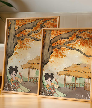 Escena de otoño con ilustración en estilo asiático tradicional
